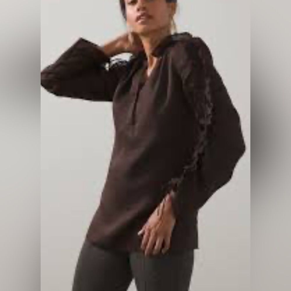 Chico’s Blouse XXL Blouse Ruffle Sleeve Cocoa Bean Tunic Ramie Lyocell NWT $109